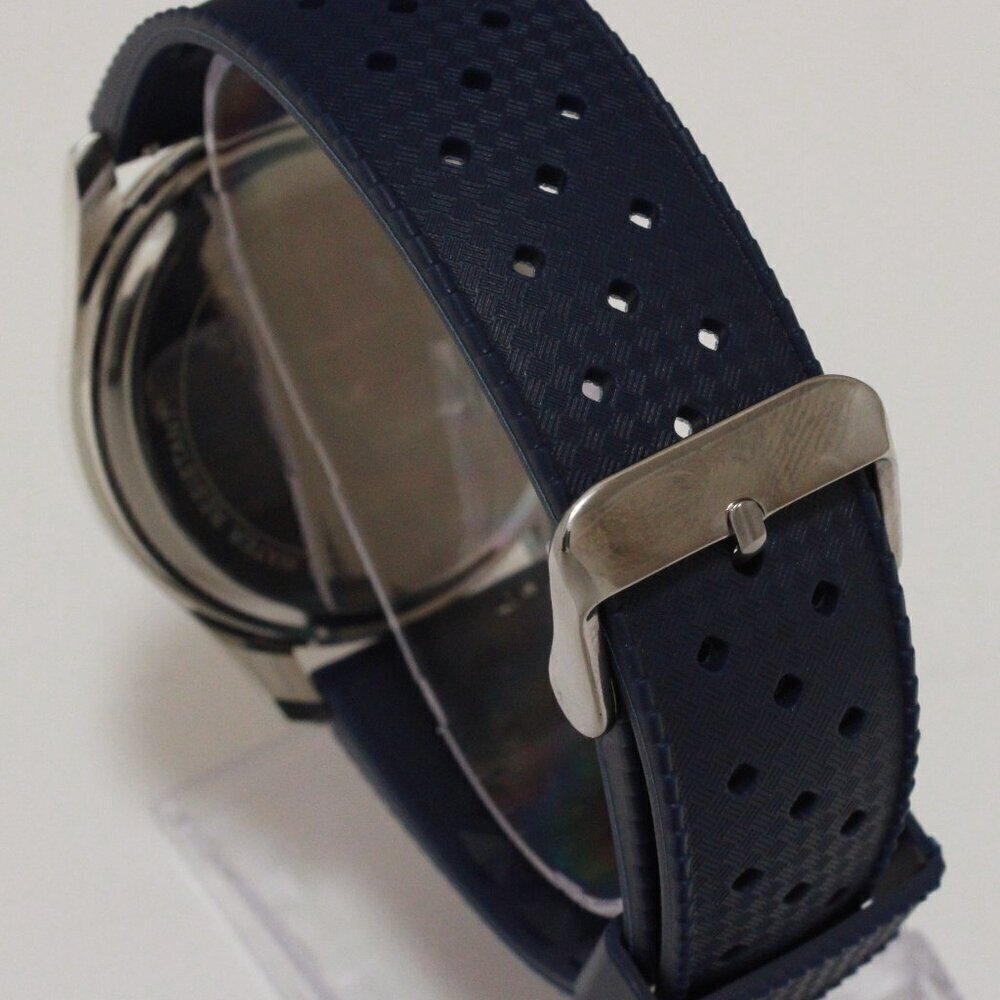 Men's Quartz Field Watch Silver Tone Case Blue Tropical Rubber Strap 42mm - Picture 11 of 12